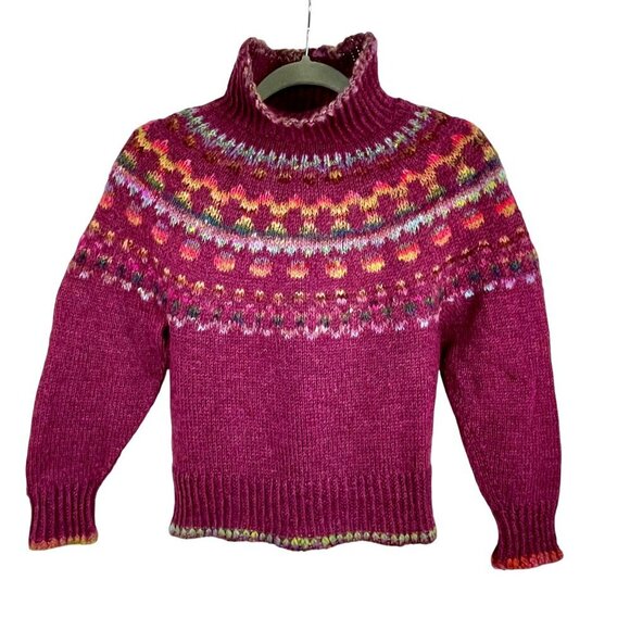 Hand Knit Wool Fair Isle Turtleneck Sweater Women’s XS | Raspberry Nordic Ski - Picture 2 of 13